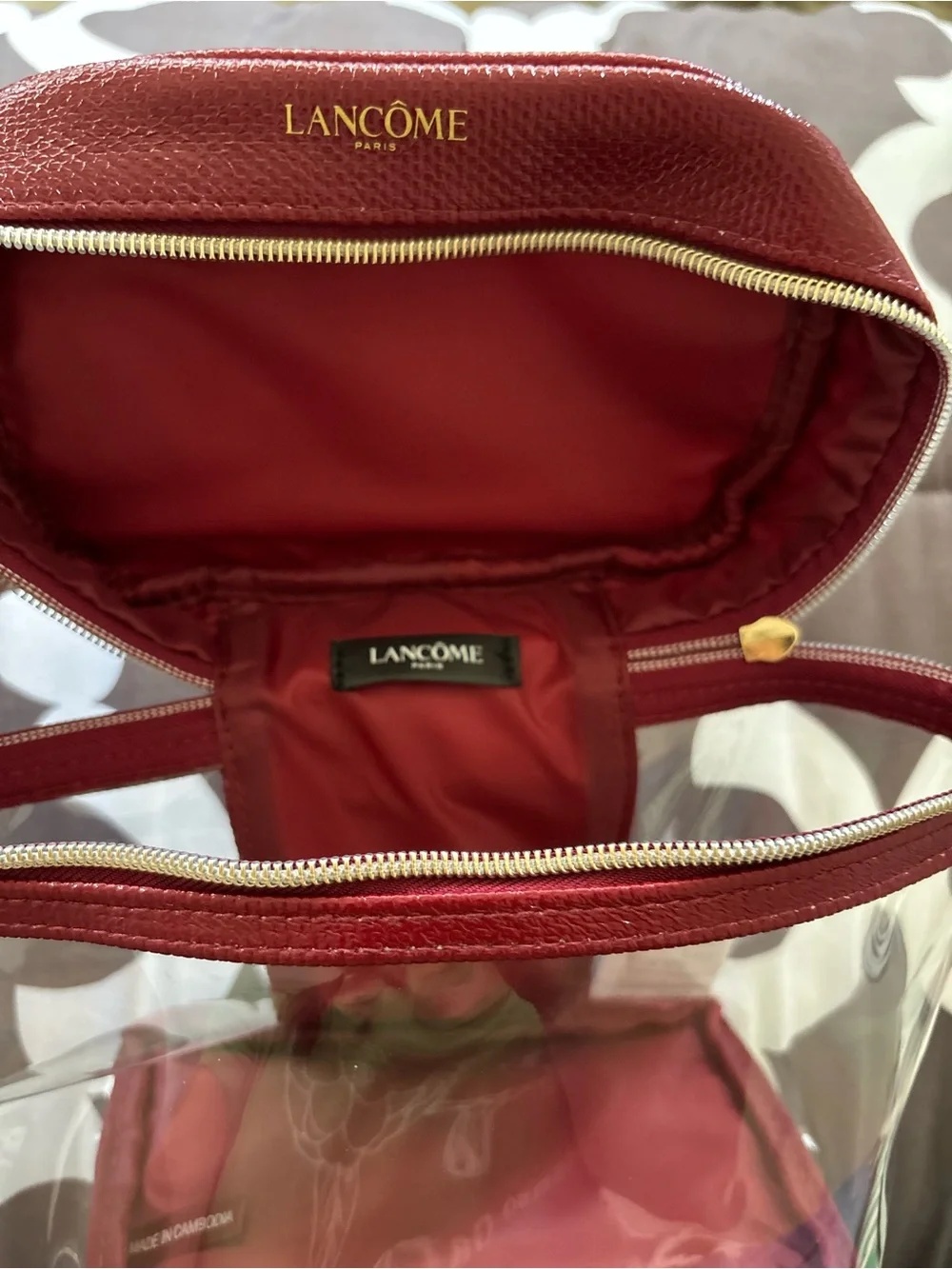 Lancome Clear & Red Makeup Bag Rose Zipper Brand New